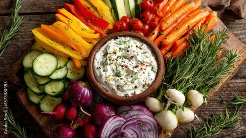 Colorful vegetable platter with dip