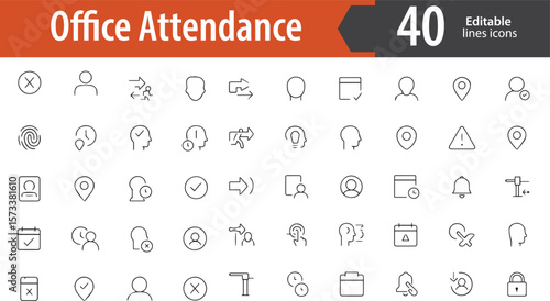 Office Attendance Line Icons, Check-In, Time Clock, Attendance Sheet, Employee ID, Entry Pass, Editable Formats: AI, EPS, PNG, JPG, Ideal for Both Digital and Print Use
