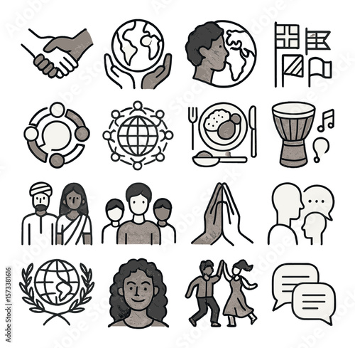 Diverse global unity collection, cultural harmony icons. multicultural and international set