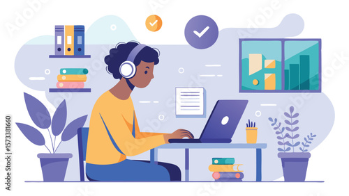 Illustration of a person with headphones working on a laptop in a home office environment with plants and shelves
