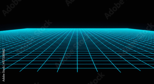 Retro 80s synthwave style glowing grid receding into the dark.
