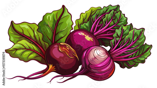   close up Rustic organic beets, deep purple with dusty skin, sit with attached leafy greens, perfect for representing farm-to-table style and root vegetable nutrition in earthy, artistic designs. 
