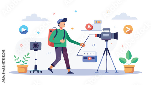 Illustration of a videographer with camera equipment in a studio setting with plants and play buttons