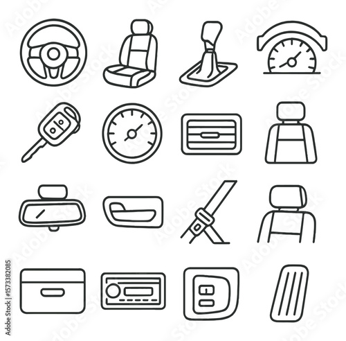 Car interior icons collection, vehicle dashboard symbols. automotive and transport set
