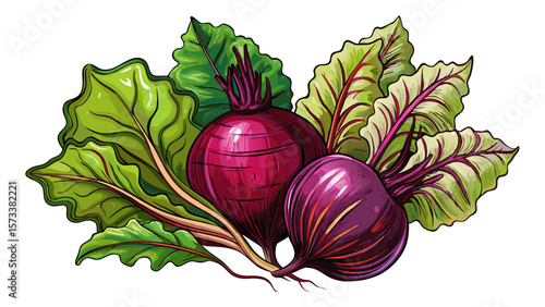   close up Rustic organic beets, deep purple with dusty skin, sit with attached leafy greens, perfect for representing farm-to-table style and root vegetable nutrition in earthy, artistic designs. 