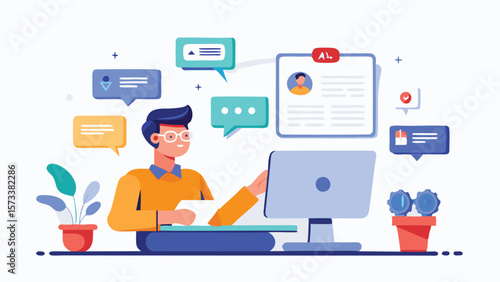 Illustration of a man working on a computer surrounded by message bubbles and potted plants design