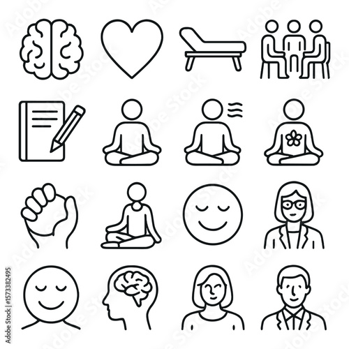 Mental health icon collection, therapy and wellness symbols. mindful healing design set