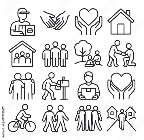 Community support collection, assistance symbols. help, aid, care set for social services