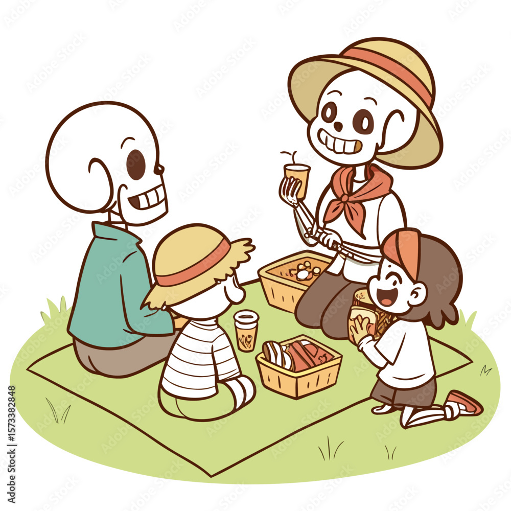 A charming cartoon illustration depicts a joyful skeleton family enjoying a sunny picnic in a grassy meadow sharing food and drinks from picnic baskets while wearing straw hats A charming cartoon illustration depicts a joyful skeleton family enjoying a sunny picnic in a grassy meadow sharing food and drinks from picnic baskets while wearing straw hats