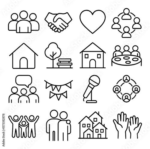 Community spirit collection, social cohesion icons. group and gathering symbol set