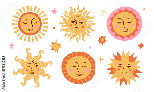 Summer Solstice bright set collection with sun . Vector illustration in folk style. Set of holiday background designs for postcards, posters, wall art