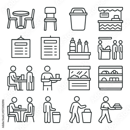 Food court icon collection: dining, cuisine, and meal symbols for easy navigation