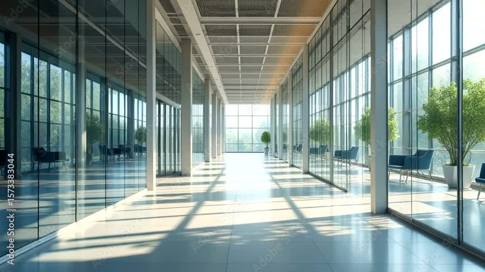 Modern office hallway with glass walls, natural light, and trees Modern office hallway with glass walls, natural light, and trees