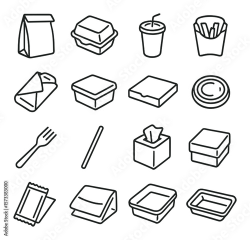 Fast food packaging collection, takeout design icons. snack and meal container set