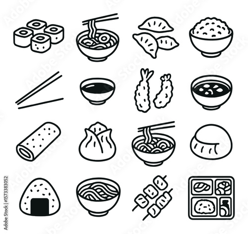Asian food icon collection: cuisine symbols, culinary elements. gastronomy and dining set