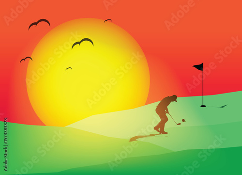 Golfer putting on course at sunset with birds