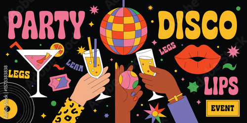 Disco Party Vector Illustration with Glittering Stars, Vinyl Record, Lips, Cocktails and Disco Ball – Perfect for Retro Event Posters and Vintage Party Designs"