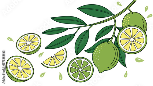 Fresh green lime fruit illustration vector design for summer citrus juice and healthy food concept, 100 char