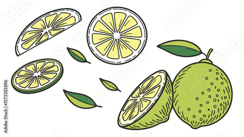 Fresh lime fruit vector illustration with slices and leaves for healthy food and drink designs and backgrounds