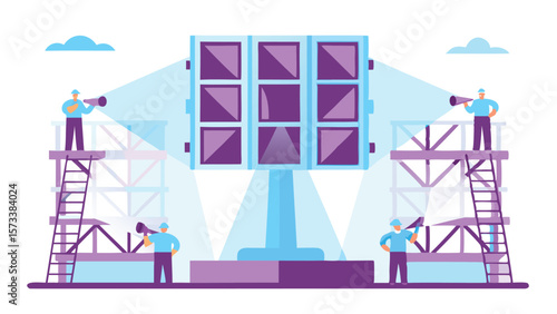 Illustration of a large light panel with people on scaffolding using megaphones around it