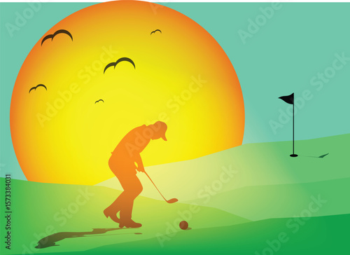 Golfer putting on course at sunset with birds