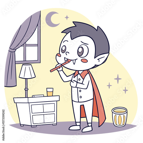 A cartoon vampire brushing his teeth in a bedroom with a nightstand and window under a crescent moon night