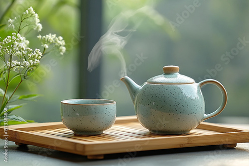 Wallpaper Mural Minimalist tea ceremony setup with ceramic teapot and cup in natural morning light, generative ai Torontodigital.ca