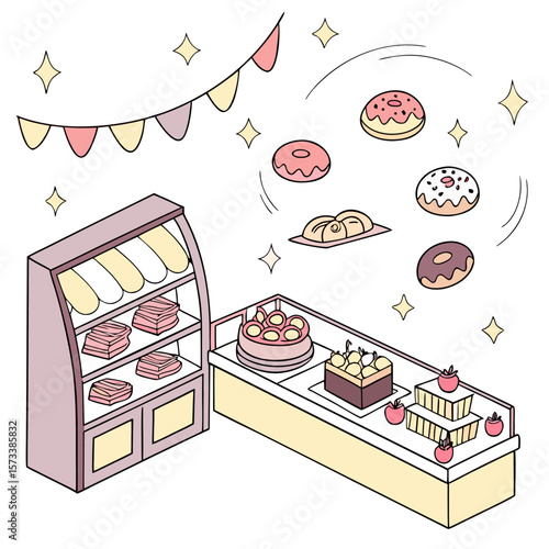 Illustration of a bakery display case with cakes, donuts, and pastries under a festive banner and sparkles