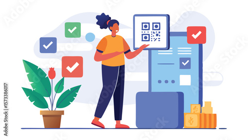 Woman scans qr code next to a mobile device with check marks and a potted plant illustration