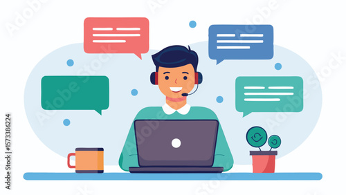 Illustration of a call center agent with headset working on a laptop surrounded by chat bubbles icons