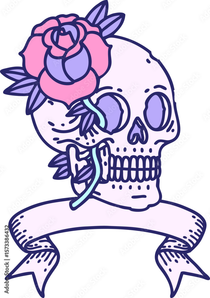 Fototapeta premium traditional tattoo with banner of a skull and rose in bright neon color