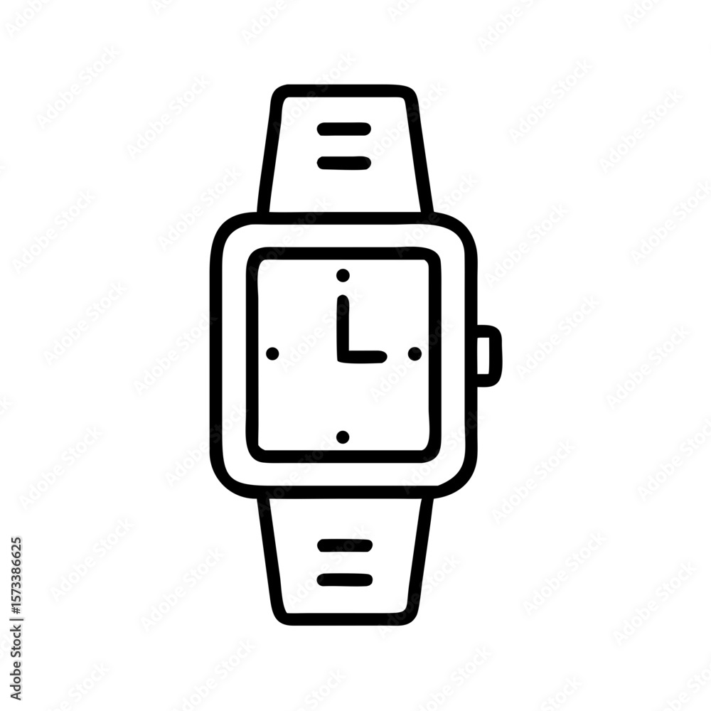 Simple line art illustration of wristwatch with rectangular face Simple line art illustration of wristwatch with rectangular face