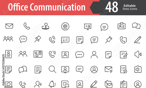 Office Communication Line Icons, Speech Bubble, Email, Chat Window, Phone Call, Video Meeting, Editable Formats: AI, EPS, PNG, JPG, Ideal for Both Digital and Print Use

