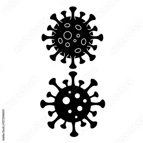 Two distinct black coronavirus representations, ideal for medical designs or informational materials about viral pandemics and health crises.