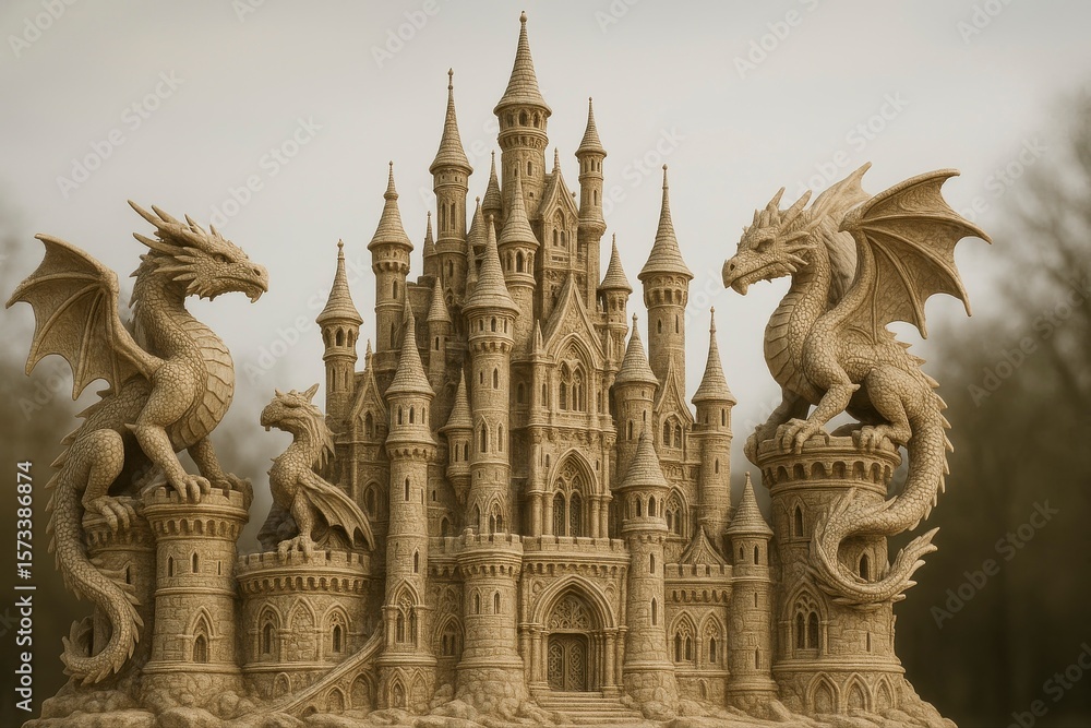 Fototapeta premium A detailed sandcastle with dragons on towers against a cloudy sky