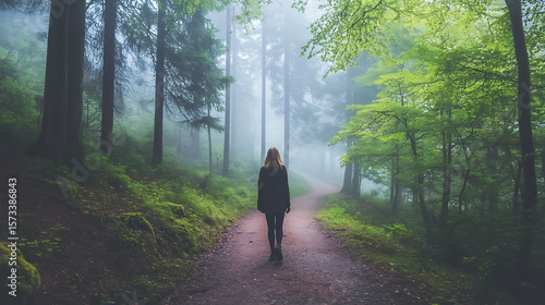  Person practicing mindful walking through a quiet forest trail, surrounded by trees and nature 