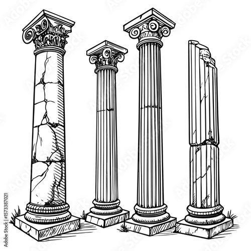 Detailed illustration featuring four classical Corinthian columns architectural elements and a possible dog illustration rendered using CMYK colors grayscale tones and Helvetica and Courier fonts