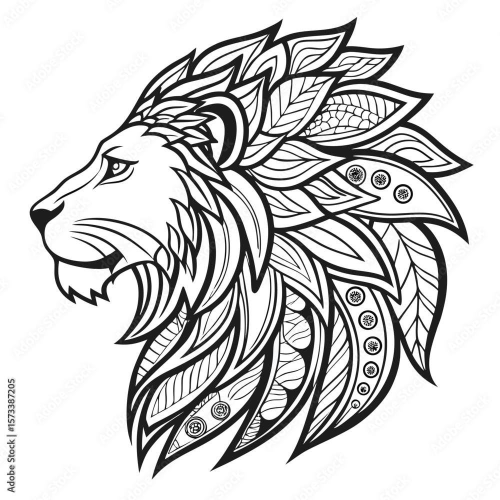 Fototapeta premium Intricate line art illustration of a majestic lion s head showcasing detailed linework and shading ideal for branding logos or artistic design projects a powerful