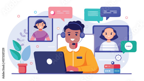 Customer service agent working from home with video call and online communication with clients shown