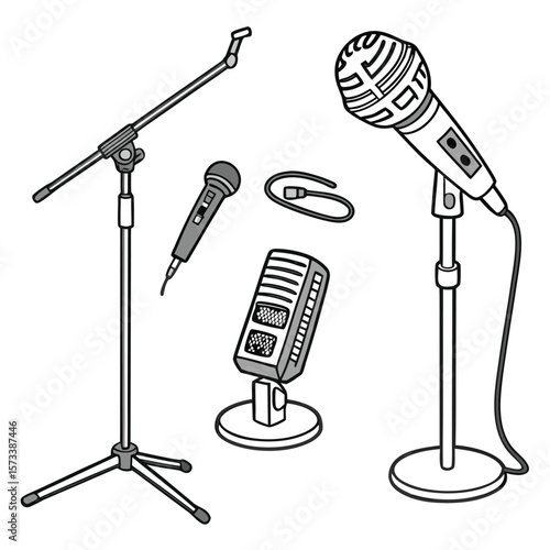 Detailed illustration showcasing a diverse collection of seven different microphones perfect for audio enthusiasts sound engineers or graphic designers seeking microphone related visuals for their