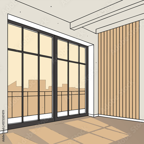 Bright and spacious minimalist room interior featuring a large window clean lines and a modern aesthetic rendered as a vector design perfect for architectural visualization