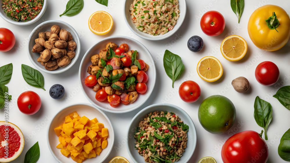An overhead shot displays a colorful and nutritious array of fresh fruits, vegetables, and grains arranged in bowls on a clean white surface An overhead shot displays a colorful and nutritious array of fresh fruits, vegetables, and grains arranged in bowls on a clean white surface
