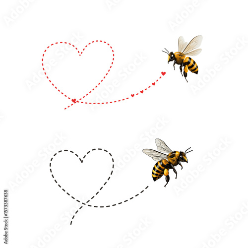 Two buzzing honey bees create a heart shaped trail, perfect for eco friendly products and wildlife conservation designs.