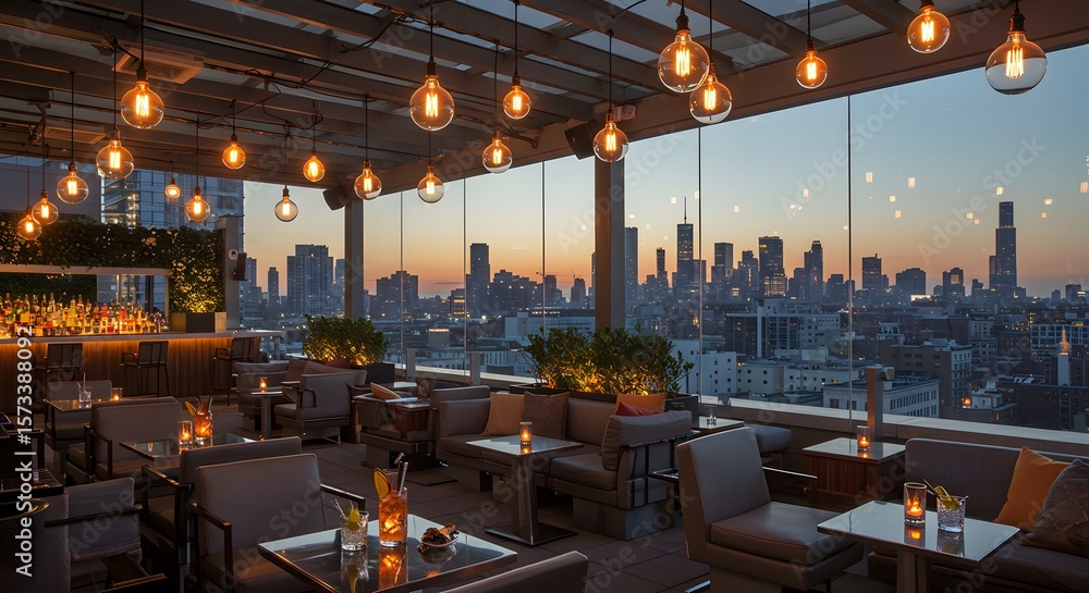 Fototapeta premium Rooftop bar city lights chicago skyline cocktails evening view urban lounge restaurant atmosphere lights