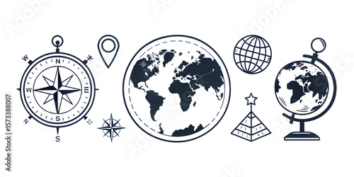 png Journey's Essence: A collection of intricately sketched compass, map, globe, and landmark illustrations, perfectly encapsulating the spirit of exploration.