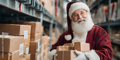 Christmas gift delivery Santa Claus standing in shop warehouse storage full of cardboard present boxes concept of logistic e-commerce e-business holiday package goods shipping service