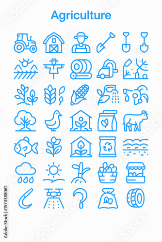 Collection of blue line icons representing various agricultural elements and practices.