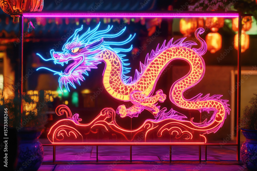 Obraz premium Vibrant neon dragon sculpture illuminating a mystical asian night scene with lanterns isolated on white background