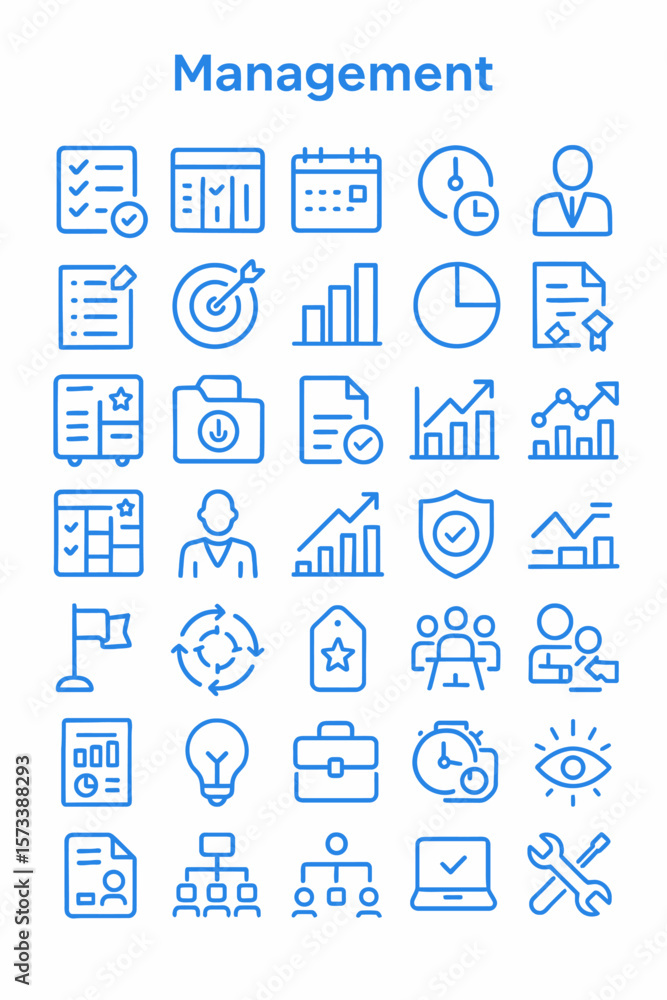 Obraz premium Collection of blue line icons representing management concepts, including planning, scheduling, teamwork, and data analysis.