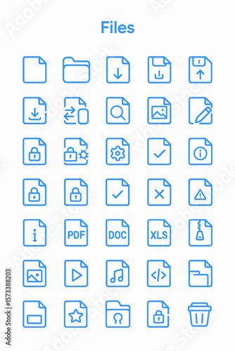 Collection of outlined digital file icons representing various actions and types, in a grid.